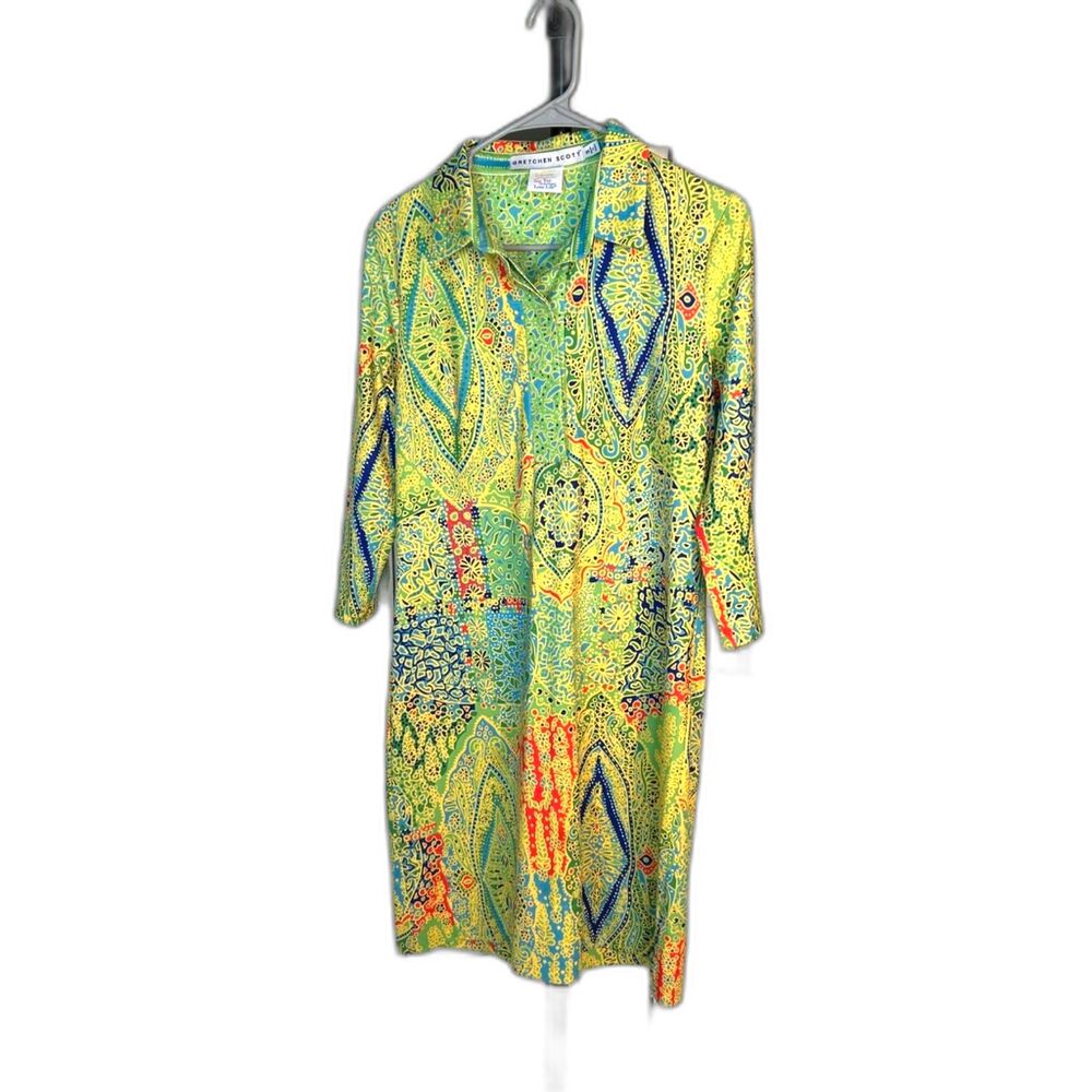 Gretchen Scott Green Blue Paisley Tunic Shift Dress, Resort, Vacation Size S